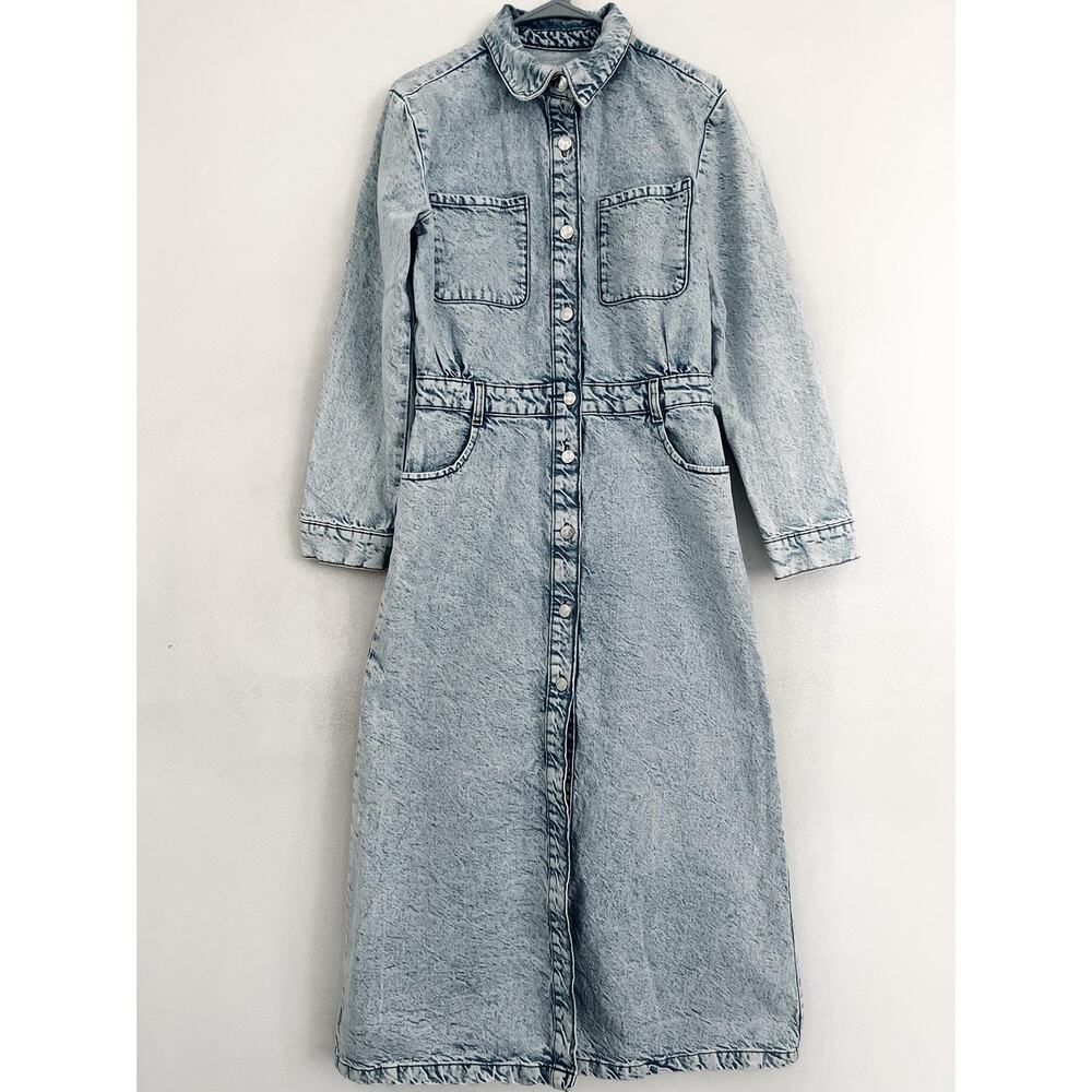 Zara Shirt Dress Womens M Blue Denim Snap Front Midi Pockets Belt Loops